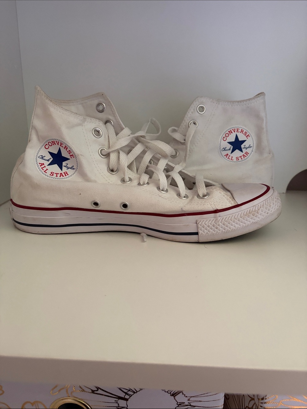Converse White High Top Sneakers with Red and Navy Accents